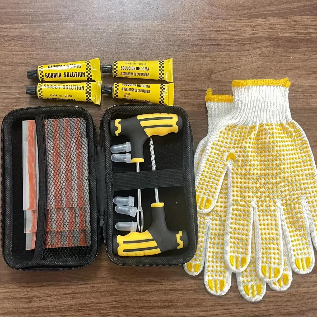 Family Vehicle Repair Kit - Multi-Tool Set for Car/EV/Motorcycle, Compact Puncture Fix with Glue & Patches