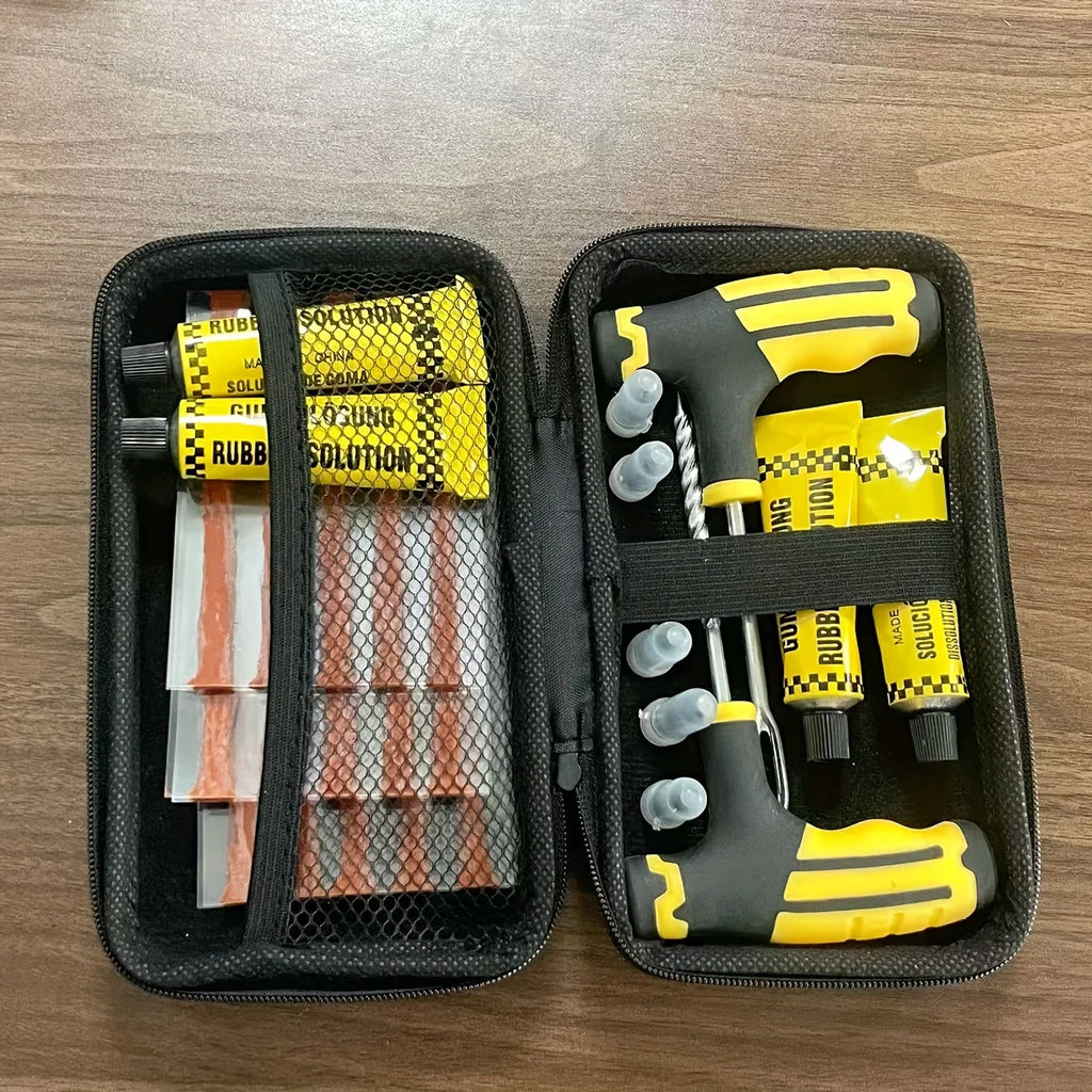 Family Vehicle Repair Kit - Multi-Tool Set for Car/EV/Motorcycle, Compact Puncture Fix with Glue & Patches
