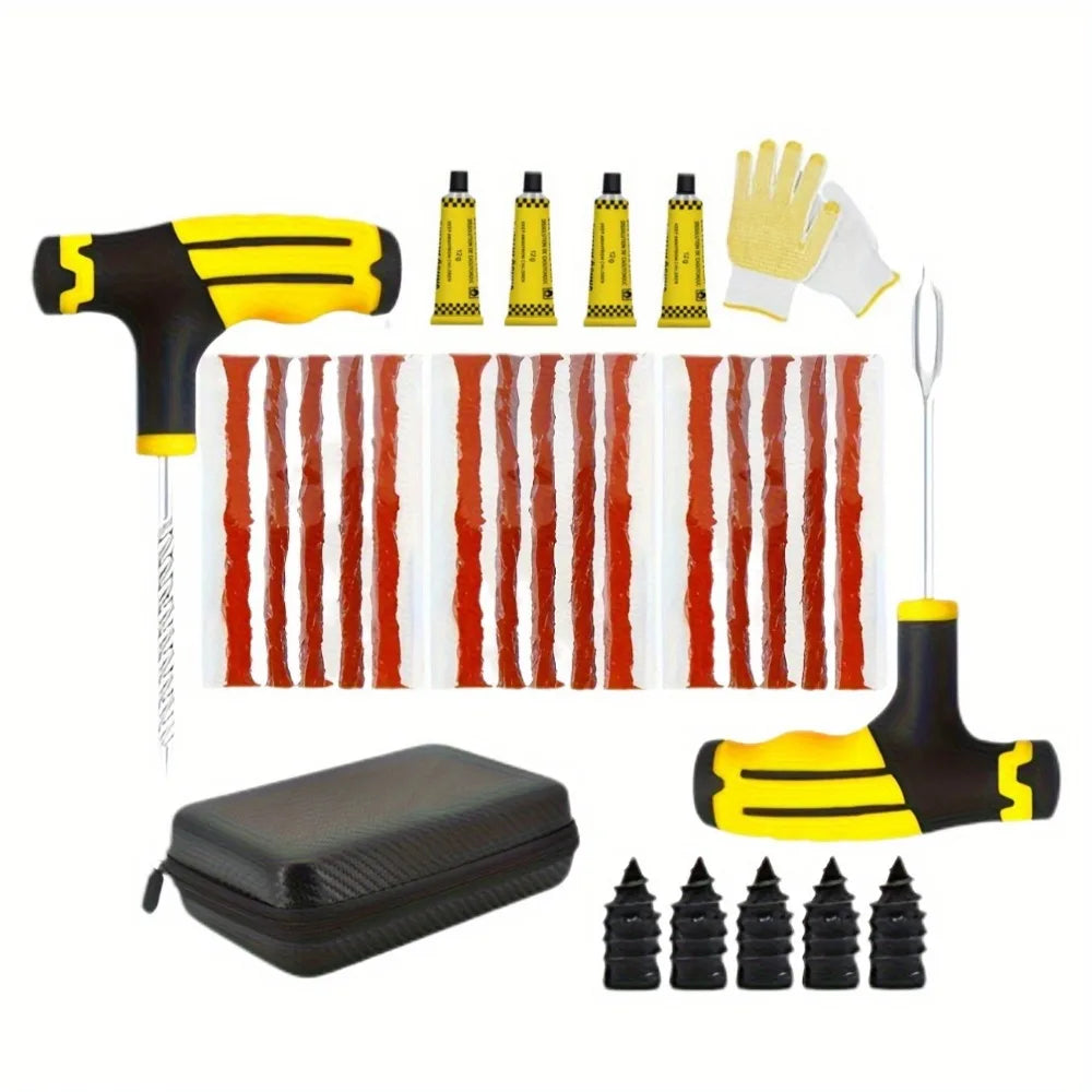 Family Vehicle Repair Kit - Multi-Tool Set for Car/EV/Motorcycle, Compact Puncture Fix with Glue & Patches