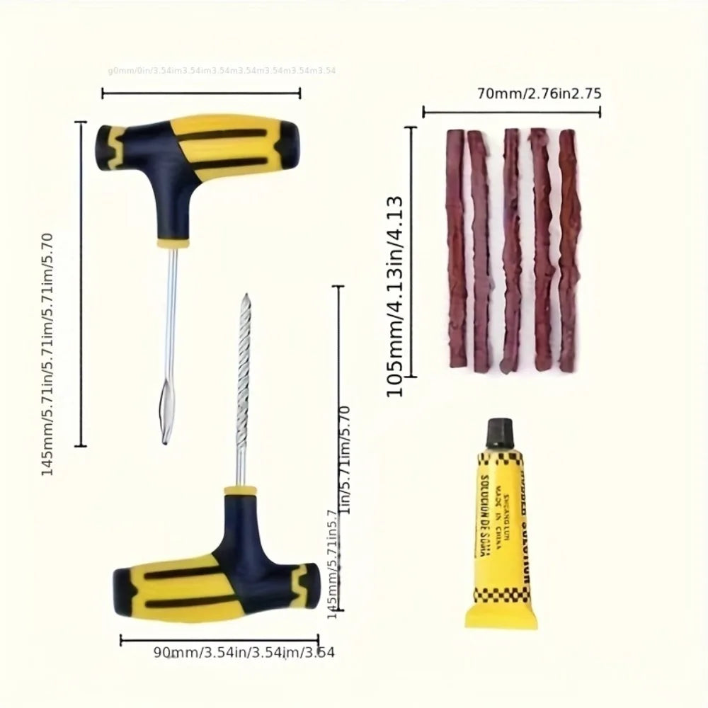 Family Vehicle Repair Kit - Multi-Tool Set for Car/EV/Motorcycle, Compact Puncture Fix with Glue & Patches